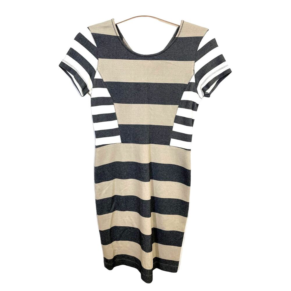 DEREK LAM 10 CROSBY Striped Side Panel Bodycon Sheath Dress Gray Size 4